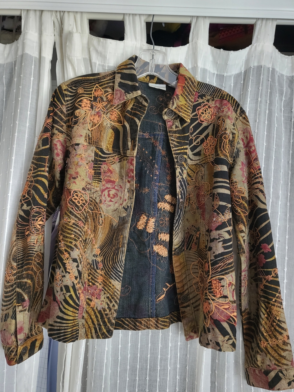 Chico's Multicolor Embroidered Patchwork Jean Jacket